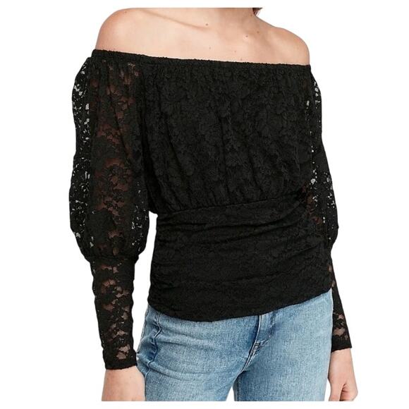 NWT EXPRESS Black Lace Balloon Sleeve On/Off Shoulder Top LARGE Whimsygoth Vamp - Picture 1 of 7